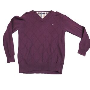 Fred Perry Mens XXL V-Neck Argyle Sweater Burgundy Purple Plaid Trim Knit Logo